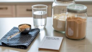 Two jars of protein powder, a glass of water, a metal scoop with powder on a striped cloth, and a notepad labeled PROTEIN LABEL CHECKLIST are arranged on a kitchen counter, highlighting potential red flags to watch for when choosing protein powder.