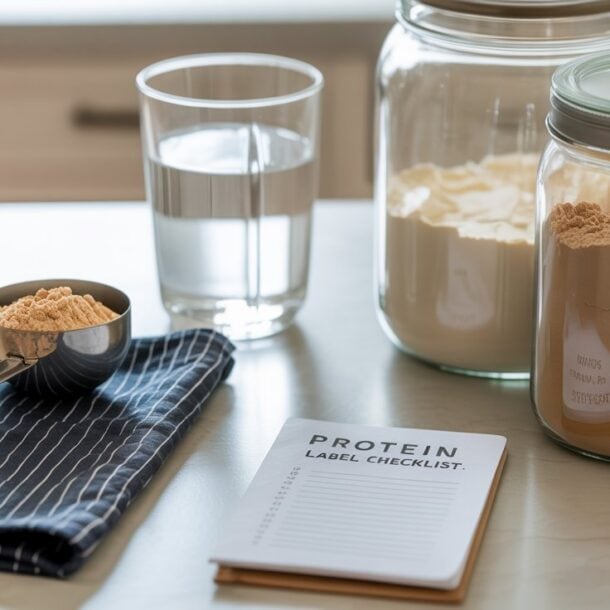 Two jars of protein powder, a glass of water, a metal scoop with powder on a striped cloth, and a notepad labeled PROTEIN LABEL CHECKLIST are arranged on a kitchen counter, highlighting potential red flags to watch for when choosing protein powder.