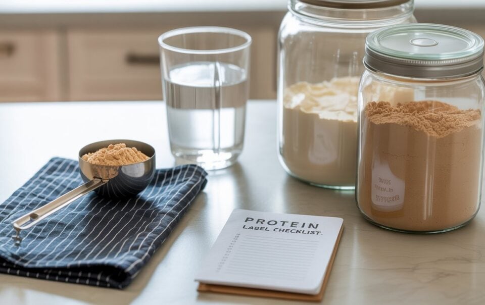 Two jars of protein powder, a glass of water, a metal scoop with powder on a striped cloth, and a notepad labeled PROTEIN LABEL CHECKLIST are arranged on a kitchen counter, highlighting potential red flags to watch for when choosing protein powder.