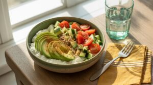 A bowl of cottage cheese breakfast topped with sliced avocado, cherry tomatoes, cucumber, sunflower seeds, and a sprinkle of everything bagel seasoning sits on a wooden table beside a glass of water, fork, and yellow napkin by a sunny window.