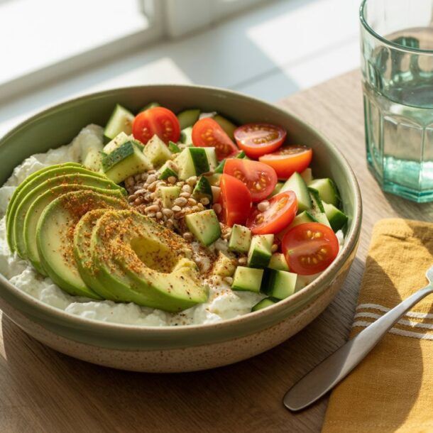 A bowl of cottage cheese breakfast topped with sliced avocado, cherry tomatoes, cucumber, sunflower seeds, and a sprinkle of everything bagel seasoning sits on a wooden table beside a glass of water, fork, and yellow napkin by a sunny window.