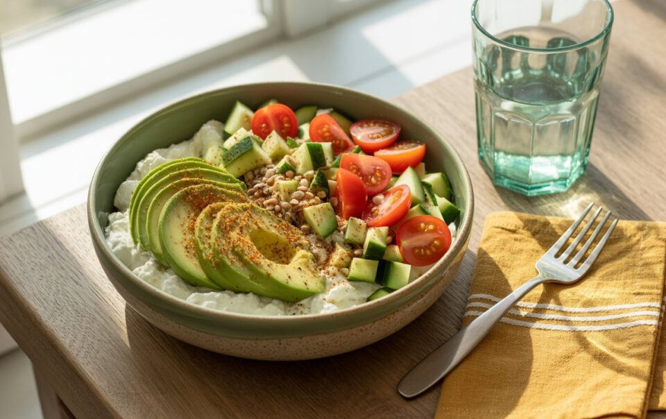 A bowl of cottage cheese breakfast topped with sliced avocado, cherry tomatoes, cucumber, sunflower seeds, and a sprinkle of everything bagel seasoning sits on a wooden table beside a glass of water, fork, and yellow napkin by a sunny window.