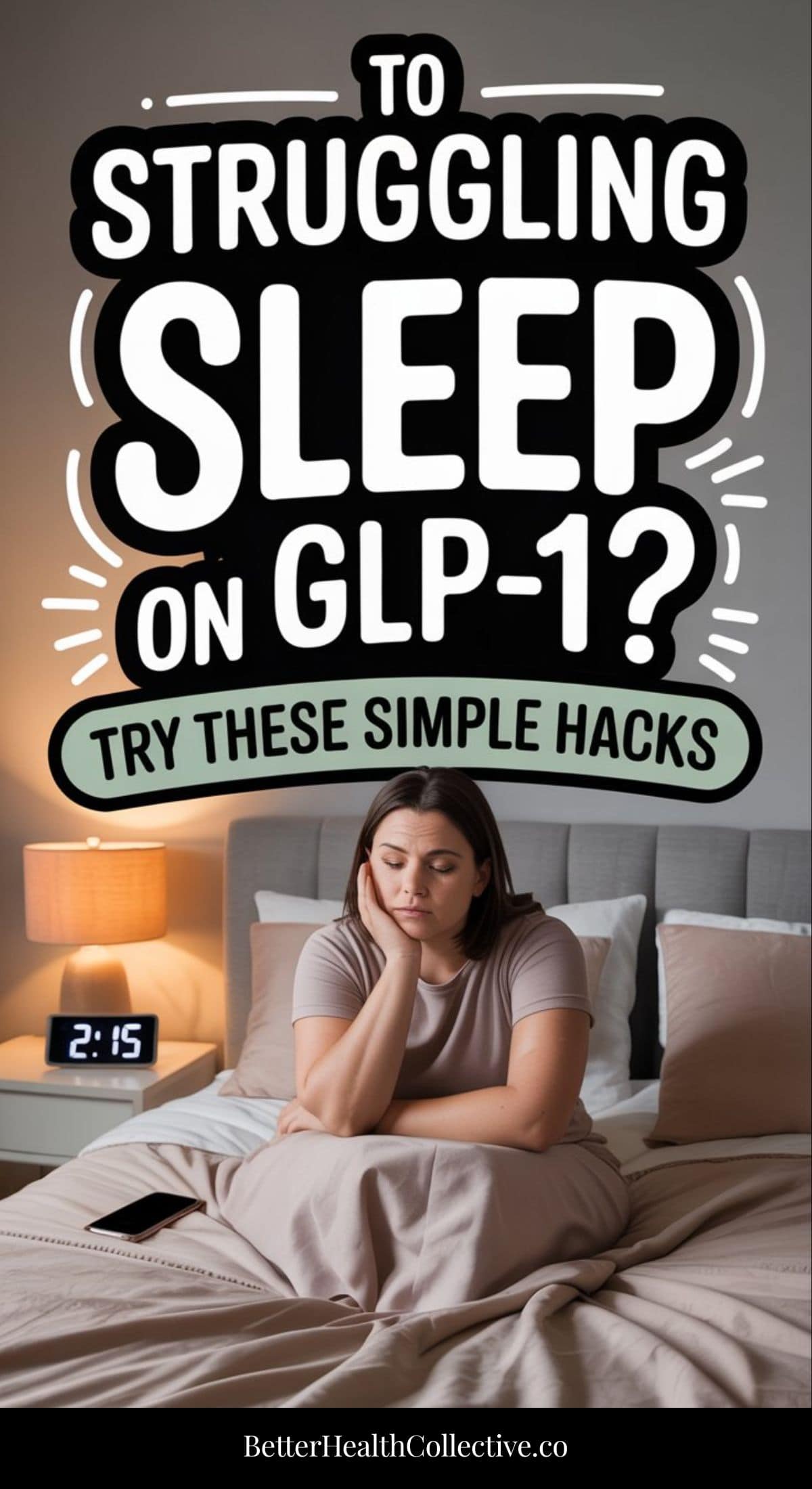 A woman sits on her bed looking wired but tired at 2:15 am, with text above her reading “Struggling with GLP-1 insomnia? Try these simple sleep solutions.” Website BetterHealthCollective.co appears at the bottom.