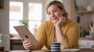A woman in a yellow sweater sits at a table, holding a tablet and smiling thoughtfully—perhaps reading about GLP-1 and its impact on weight loss. A striped mug, notebook, and pen rest on the table in a cozy, naturally lit room.