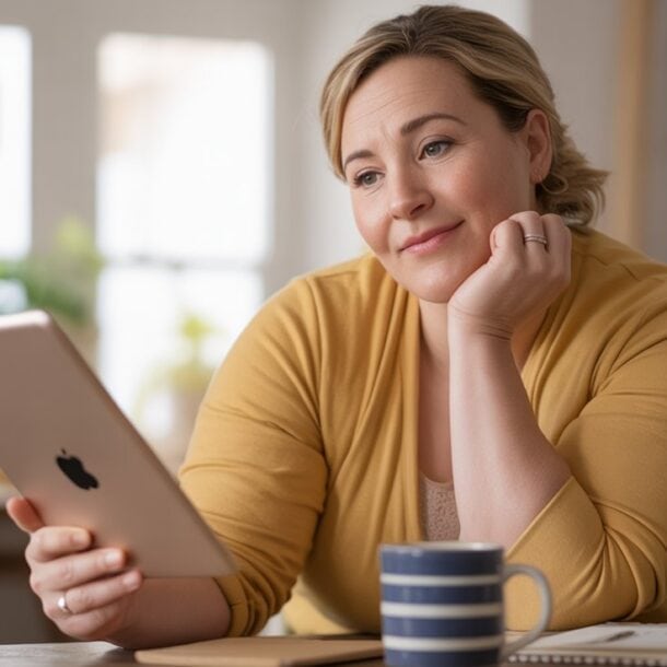 A woman in a yellow sweater sits at a table, holding a tablet and smiling thoughtfully—perhaps reading about GLP-1 and its impact on weight loss. A striped mug, notebook, and pen rest on the table in a cozy, naturally lit room.