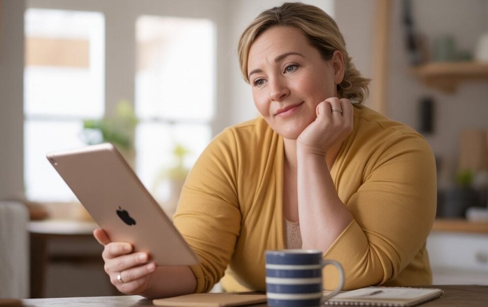 A woman in a yellow sweater sits at a table, holding a tablet and smiling thoughtfully—perhaps reading about GLP-1 and its impact on weight loss. A striped mug, notebook, and pen rest on the table in a cozy, naturally lit room.
