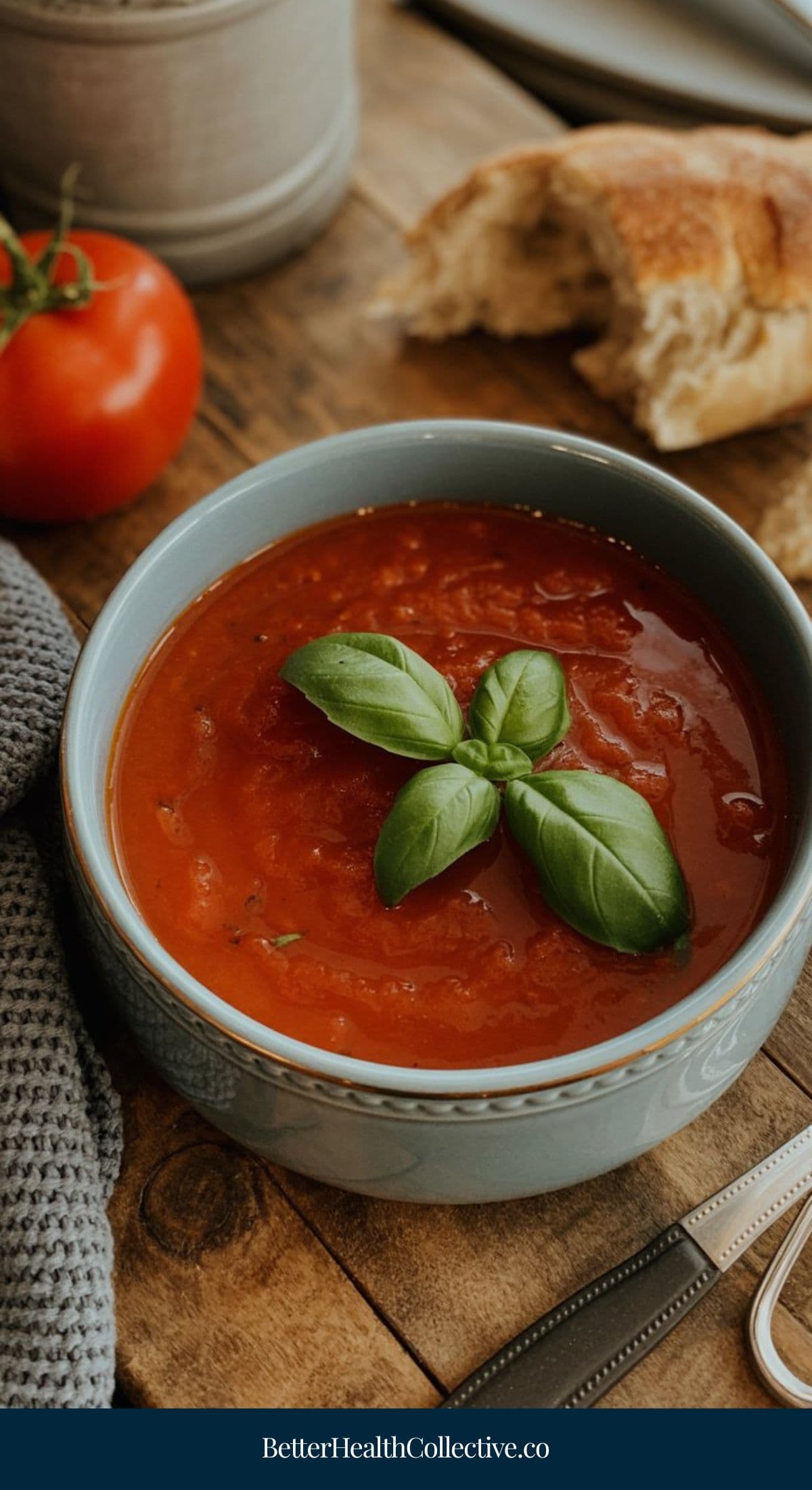 A bowl of tomato soup, perfect for vegetarian soup recipes, is garnished with fresh basil and sits on a wooden table beside a ripe tomato, bread, and gray cloth. The website BetterHealthCollective.co appears at the bottom.