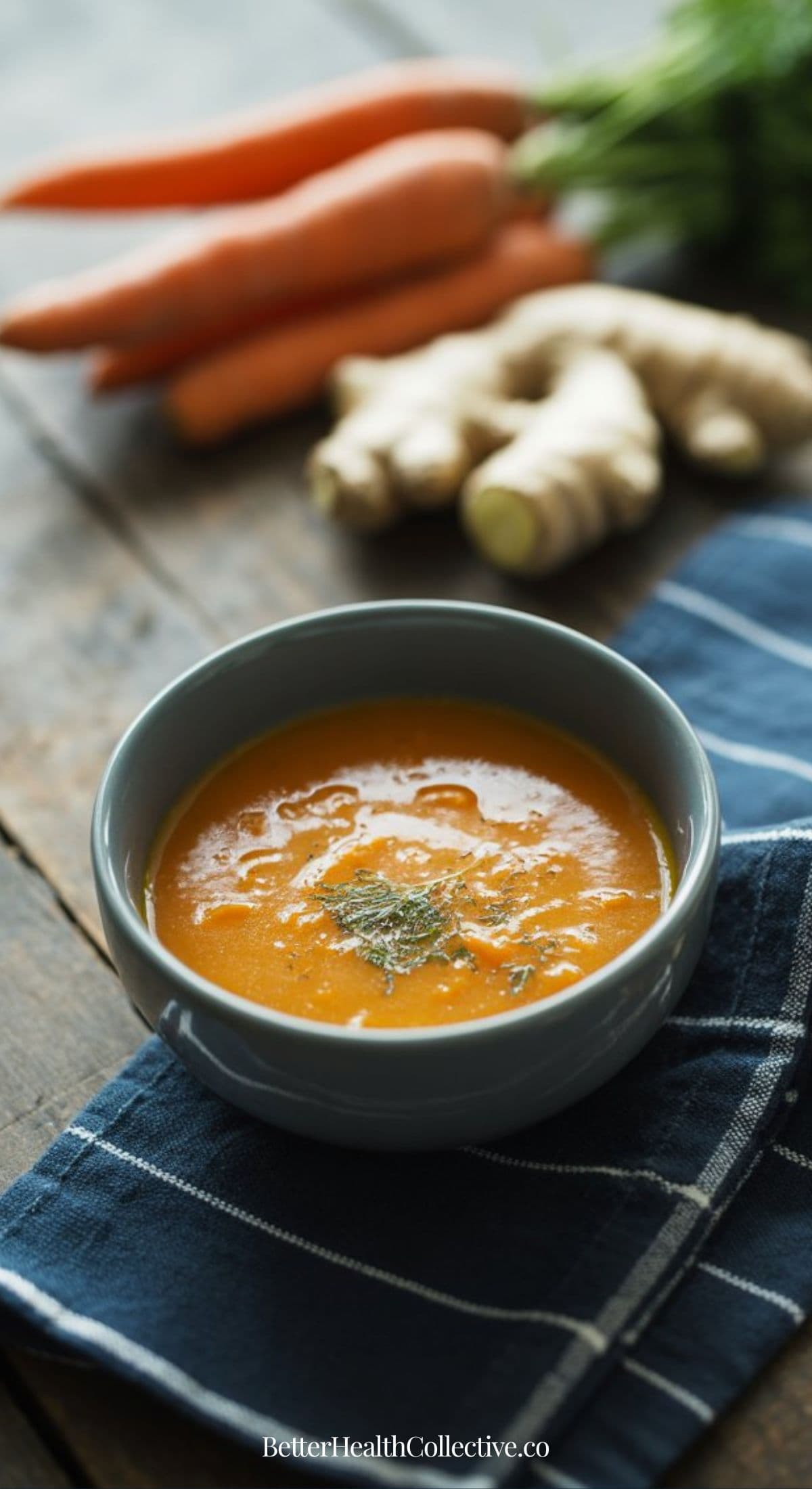 A bowl of orange soup, inspired by vegetarian soup recipes, is garnished with herbs and sits on a blue-striped cloth. Fresh carrots and ginger root are blurred in the background on a rustic wooden table.