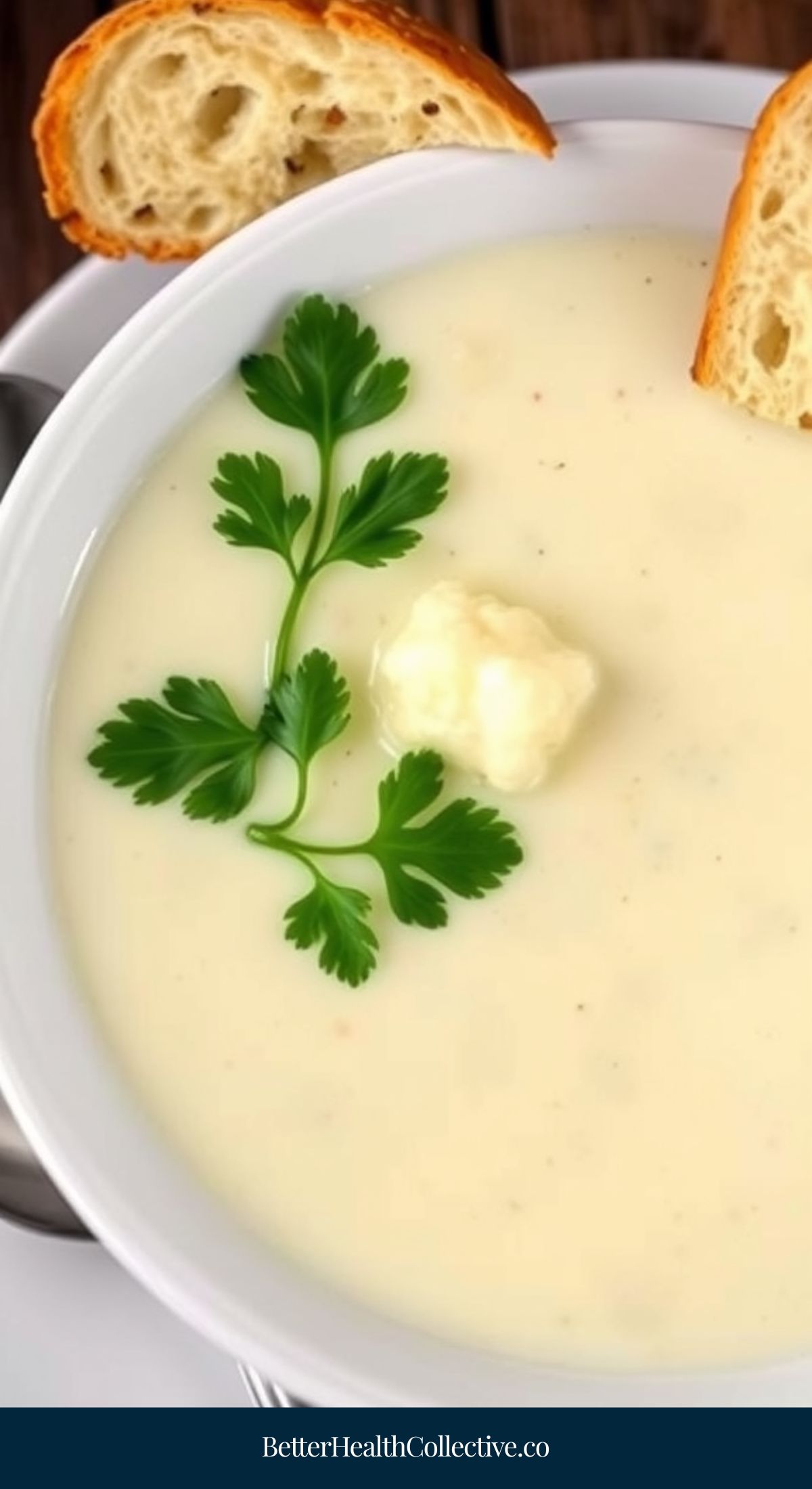 A bowl of creamy vegetarian soup, garnished with a sprig of parsley and a dollop of butter, served with two slices of bread on the rim. Discover more vegetarian soup recipes at BetterHealthCollective.co.