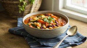 A bowl of Vegetarian Minestrone Soup sits on a blue cloth near a window, with a spoon beside it. The hearty soup contains carrots, beans, zucchini, and is garnished with fresh parsley.