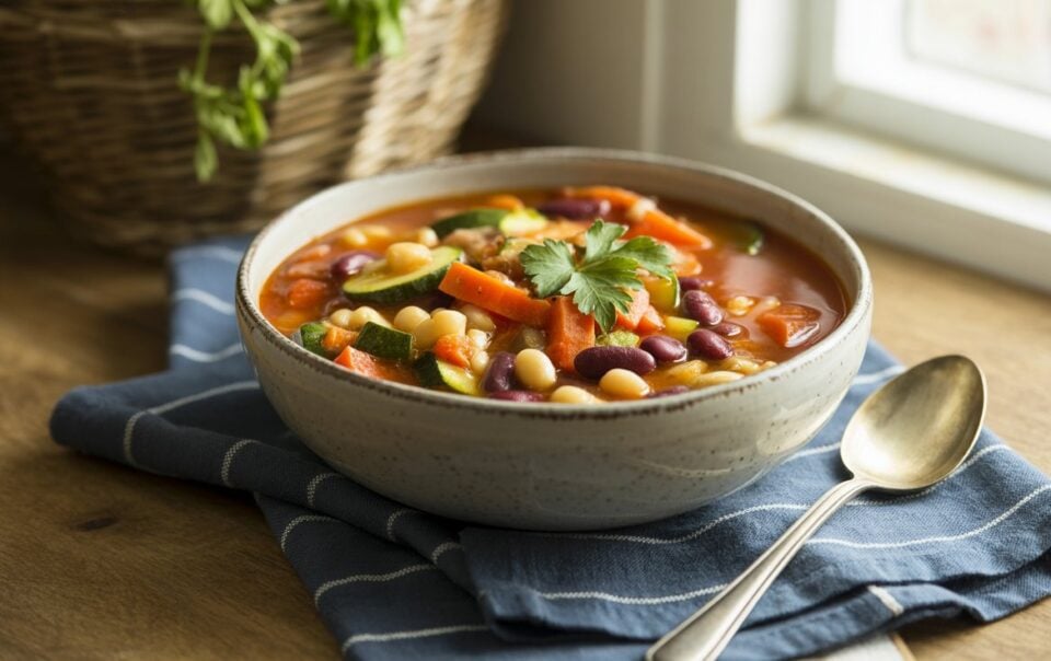 A bowl of Vegetarian Minestrone Soup sits on a blue cloth near a window, with a spoon beside it. The hearty soup contains carrots, beans, zucchini, and is garnished with fresh parsley.