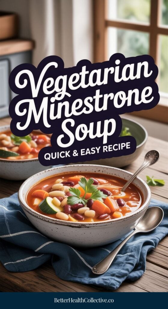 Two bowls of Vegetarian Minestrone Soup with beans and fresh vegetables sit by a sunny window. Text over the image reads, Vegetarian Minestrone Soup: Quick & Easy Recipe.
