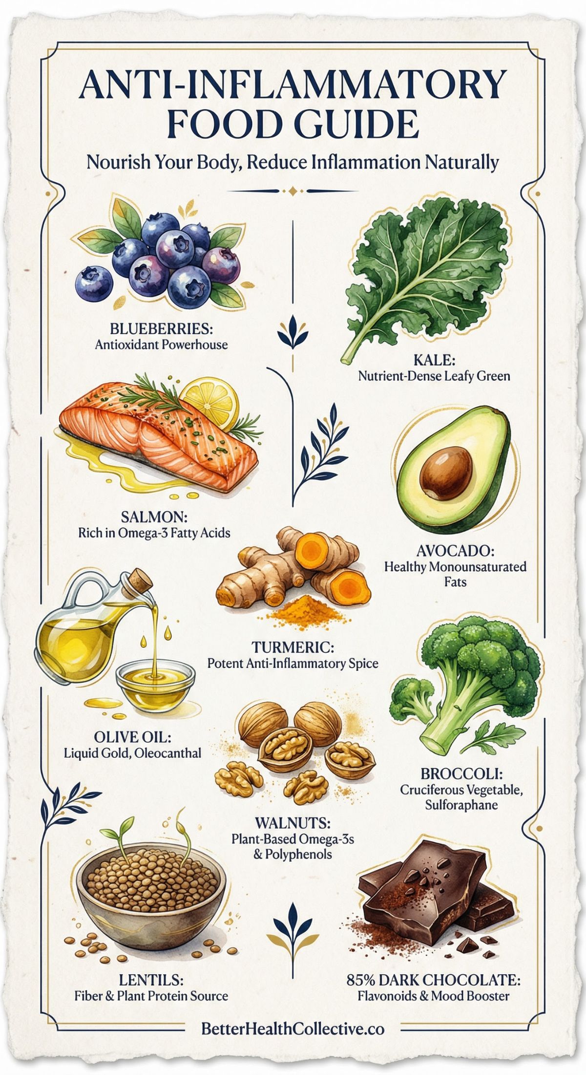 Infographic titled Anti-Inflammatory Food Guide highlights top anti inflammation food choices like blueberries, kale, salmon, and more—each with health benefits for less bloating. Great inspiration for diet recipes!.