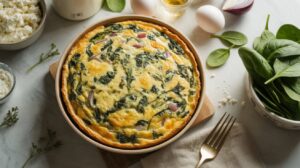 A freshly baked healthy quiche with spinach and cheese sits on a wooden board, surrounded by fresh spinach leaves, eggs, a bowl of cheese, olive oil, and a fork on a napkin.