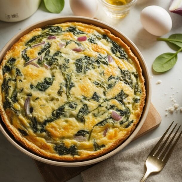 A freshly baked healthy quiche with spinach and cheese sits on a wooden board, surrounded by fresh spinach leaves, eggs, a bowl of cheese, olive oil, and a fork on a napkin.