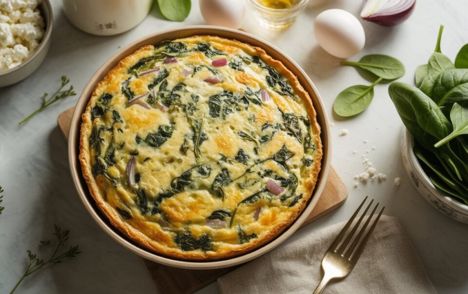 A freshly baked healthy quiche with spinach and cheese sits on a wooden board, surrounded by fresh spinach leaves, eggs, a bowl of cheese, olive oil, and a fork on a napkin.