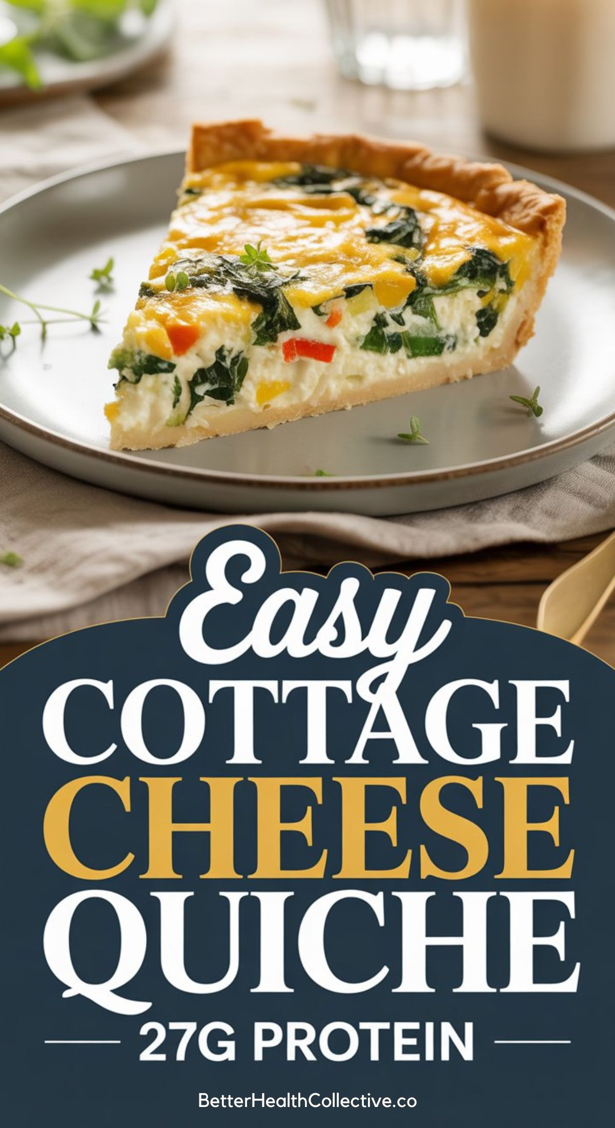 A slice of healthy quiche with veggies and cheese sits on a plate, garnished with herbs. Text overlay reads: Easy Cottage Cheese Quiche, 27g Protein. BetterHealthCollective.co.