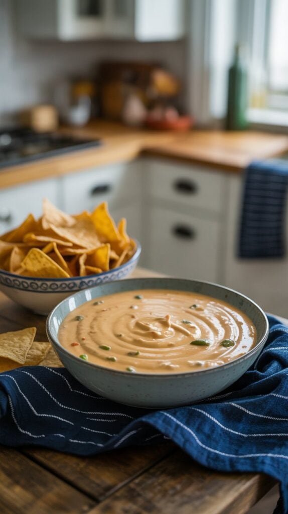 A bowl of creamy cottage cheese dip garnished with chopped green onions sits on a blue cloth, next to tortilla chips on a wooden table—perfect for high protein recipes in a cozy kitchen setting.