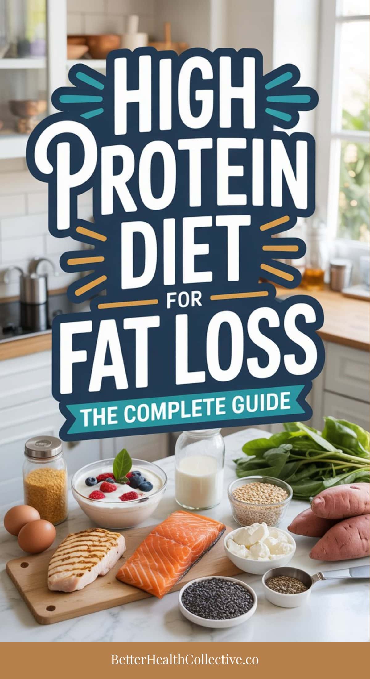 A kitchen counter with high-protein foods like eggs, salmon, chicken, cottage cheese, milk, beans, lentils, spinach, sweet potatoes, and yogurt. Text reads: High Protein Diet for Fat Loss: The Complete Guide to a high protein diet.
