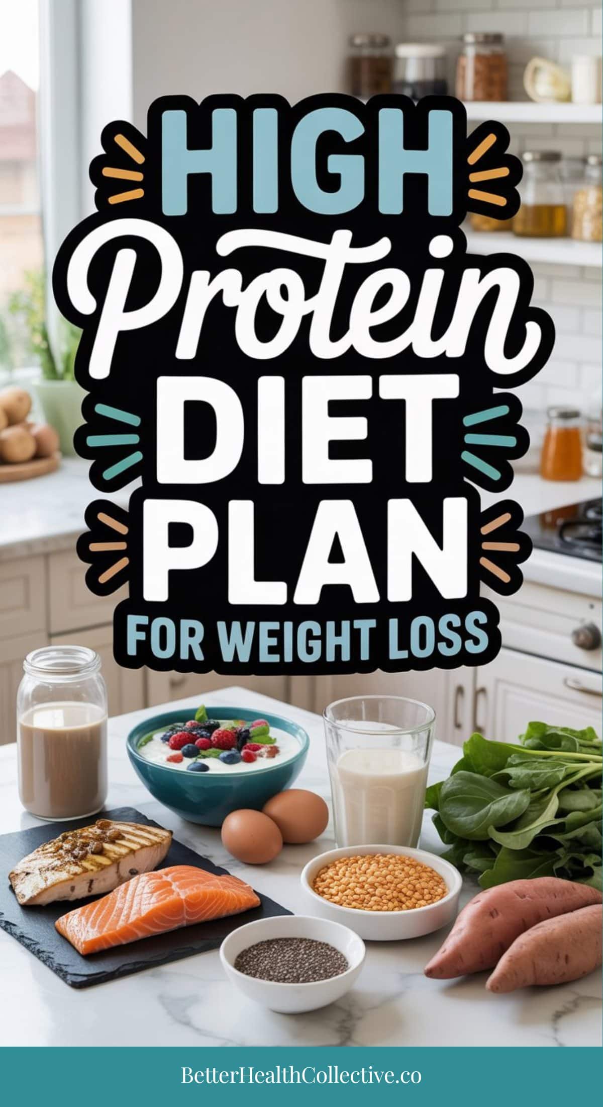 A kitchen counter displays high protein diet foods like salmon, eggs, lentils, spinach, sweet potato, a bowl of yogurt with berries, and a glass of milk. Text reads: “High Protein Diet Plan for Weight Loss.”.