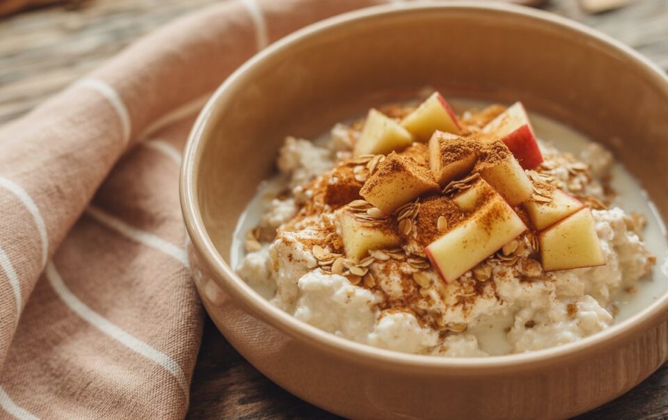 A bowl of oatmeal topped with diced apples, cinnamon, and oats sits on a rustic wooden table next to a striped cloth napkin, making it a perfect high fiber breakfast.