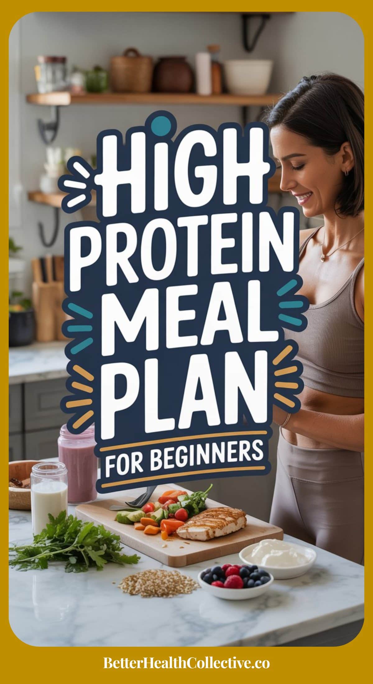 A woman prepares healthy food in a kitchen. Text overlay reads: High Protein Meal Plan for Beginners. Ingredients for a high protein diet, like chicken, greens, and grains, are on the counter. Website: BetterHealthCollective.co.