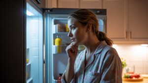 A woman in pajamas stands in a dimly lit kitchen at night, thoughtfully looking into an open refrigerator, wondering about her late night cravings and why they happen, her hand resting on her chin as she considers what to do instead.