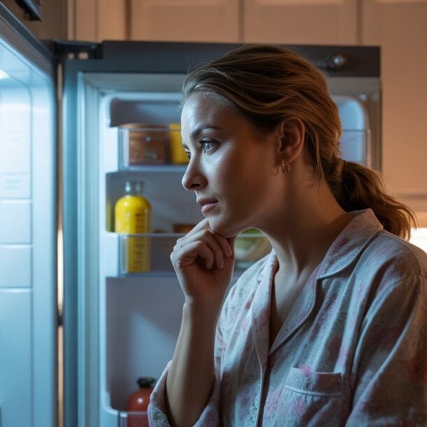 A woman in pajamas stands in a dimly lit kitchen at night, thoughtfully looking into an open refrigerator, wondering about her late night cravings and why they happen, her hand resting on her chin as she considers what to do instead.