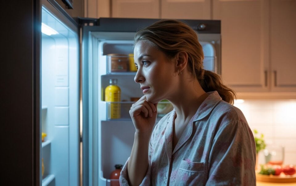 A woman in pajamas stands in a dimly lit kitchen at night, thoughtfully looking into an open refrigerator, wondering about her late night cravings and why they happen, her hand resting on her chin as she considers what to do instead.