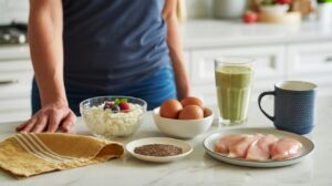A person stands behind a kitchen counter with bowls of cottage cheese and berries, three eggs, a green smoothie, raw chicken breasts, flaxseeds, and a mug—ingredients perfect for a high protein diet or reaching 100g of protein daily.