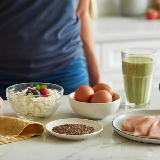 A person stands behind a kitchen counter with bowls of cottage cheese and berries, three eggs, a green smoothie, raw chicken breasts, flaxseeds, and a mug—ingredients perfect for a high protein diet or reaching 100g of protein daily.
