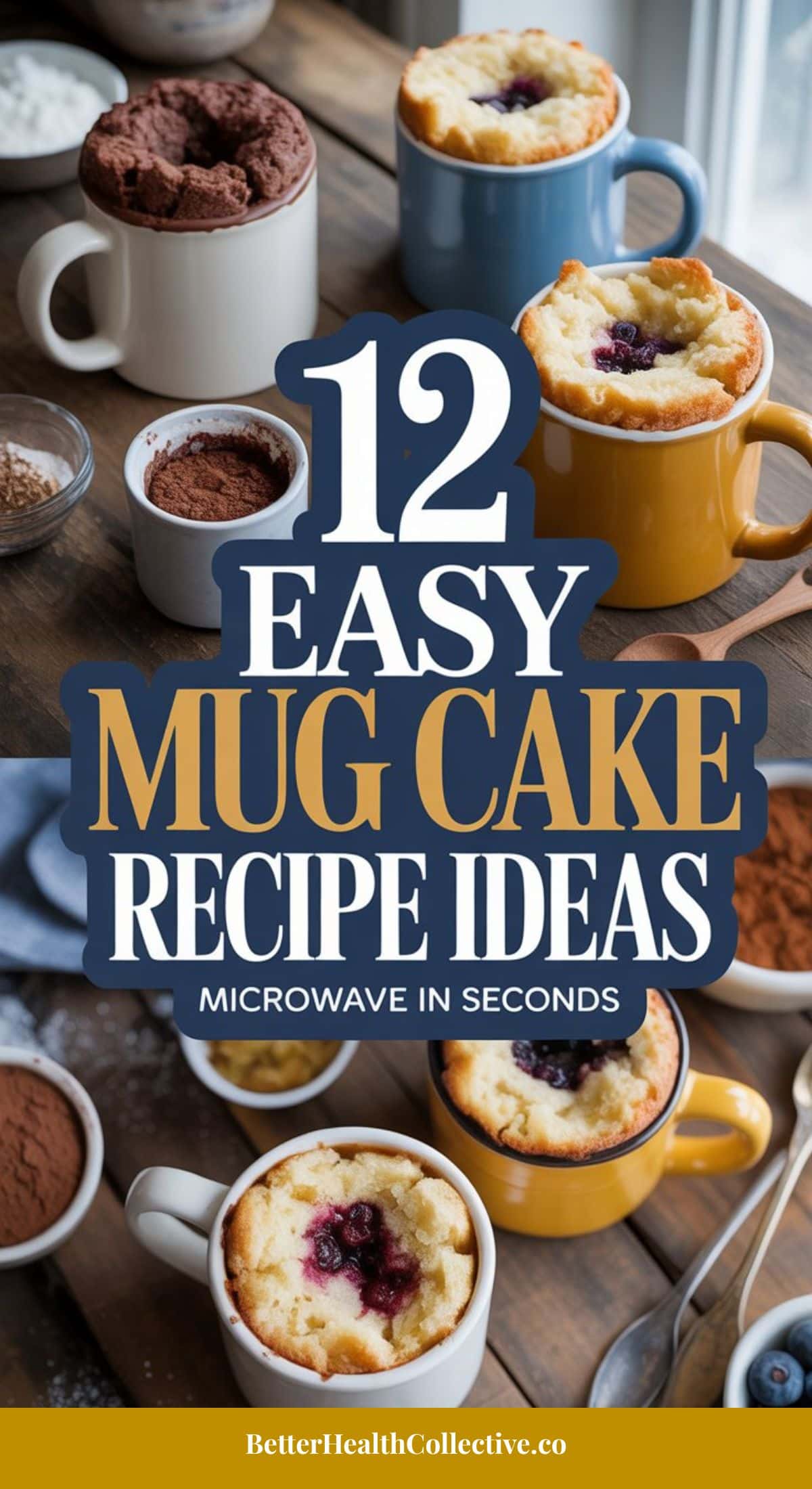 Assorted mugs with different flavors of Microwave Mug Cake, some topped with berries and chocolate, sit on a wooden table beside small bowls of ingredients. Text overlay reads, “12 Easy Mug Cake Recipe Ideas—Microwave in Seconds.”.