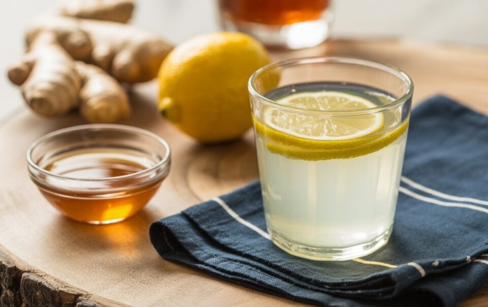 A glass of lemon water with lemon slices, a small bowl of honey, a whole lemon, and fresh ginger root on a wooden surface with a blue napkin—perfect for starting your 30-day lemon water challenge and enjoying the health benefits.