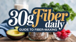 A graphic reads 30g Fiber daily: Fiber-Maxing Guide over a table with healthy foods, including an avocado, a jar of seeds, raspberries, and green leafy vegetables in the background.