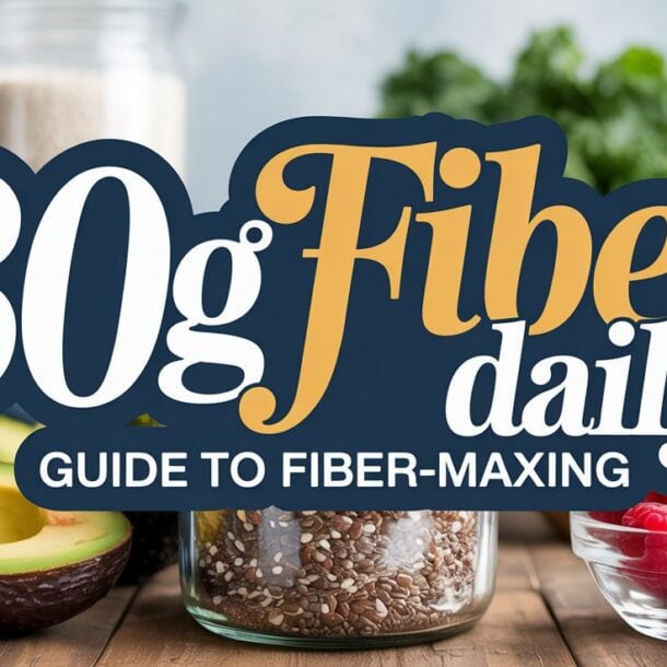 A graphic reads 30g Fiber daily: Fiber-Maxing Guide over a table with healthy foods, including an avocado, a jar of seeds, raspberries, and green leafy vegetables in the background.
