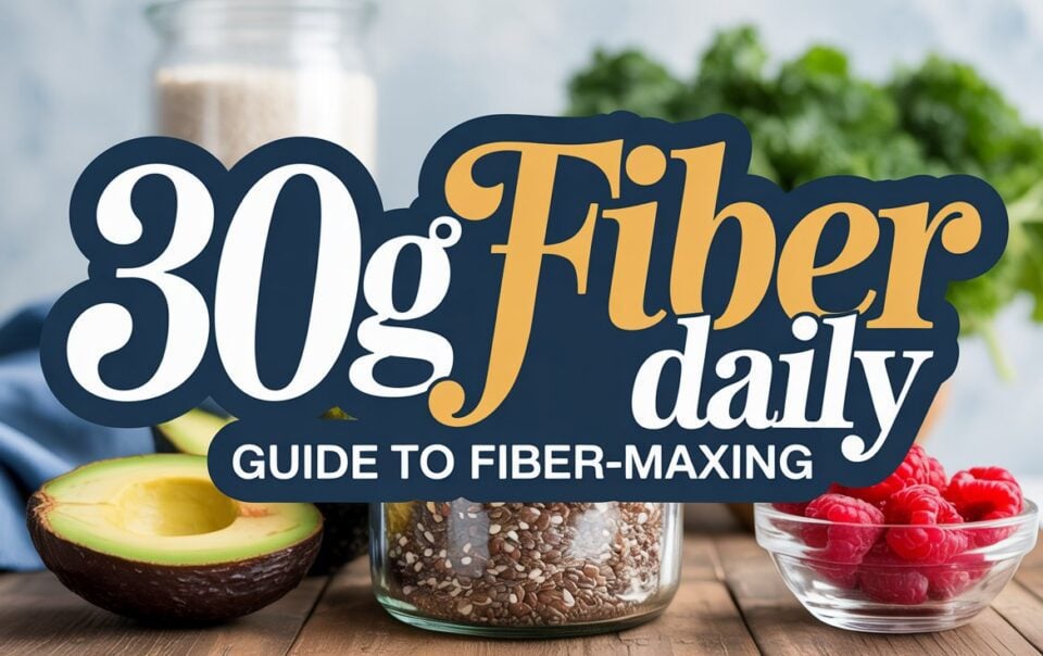 A graphic reads 30g Fiber daily: Fiber-Maxing Guide over a table with healthy foods, including an avocado, a jar of seeds, raspberries, and green leafy vegetables in the background.