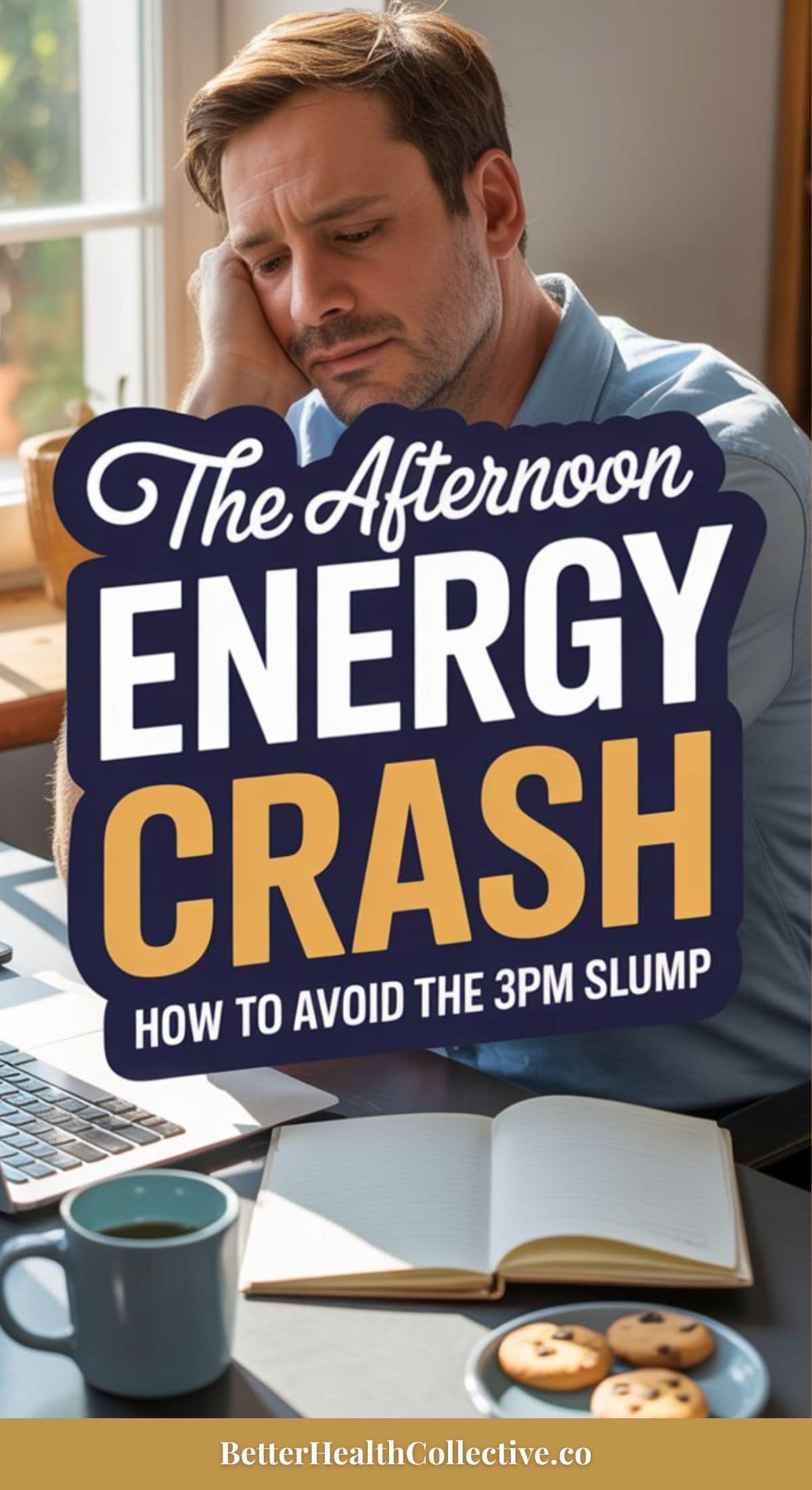 A man sits at a desk looking tired with his head resting on his hand. Text reads, The Afternoon Energy Crash: How to avoid the 3PM slump. An open notebook, pen, and cup of coffee are on the desk—beat afternoon food cravings and blood sugar crashes.