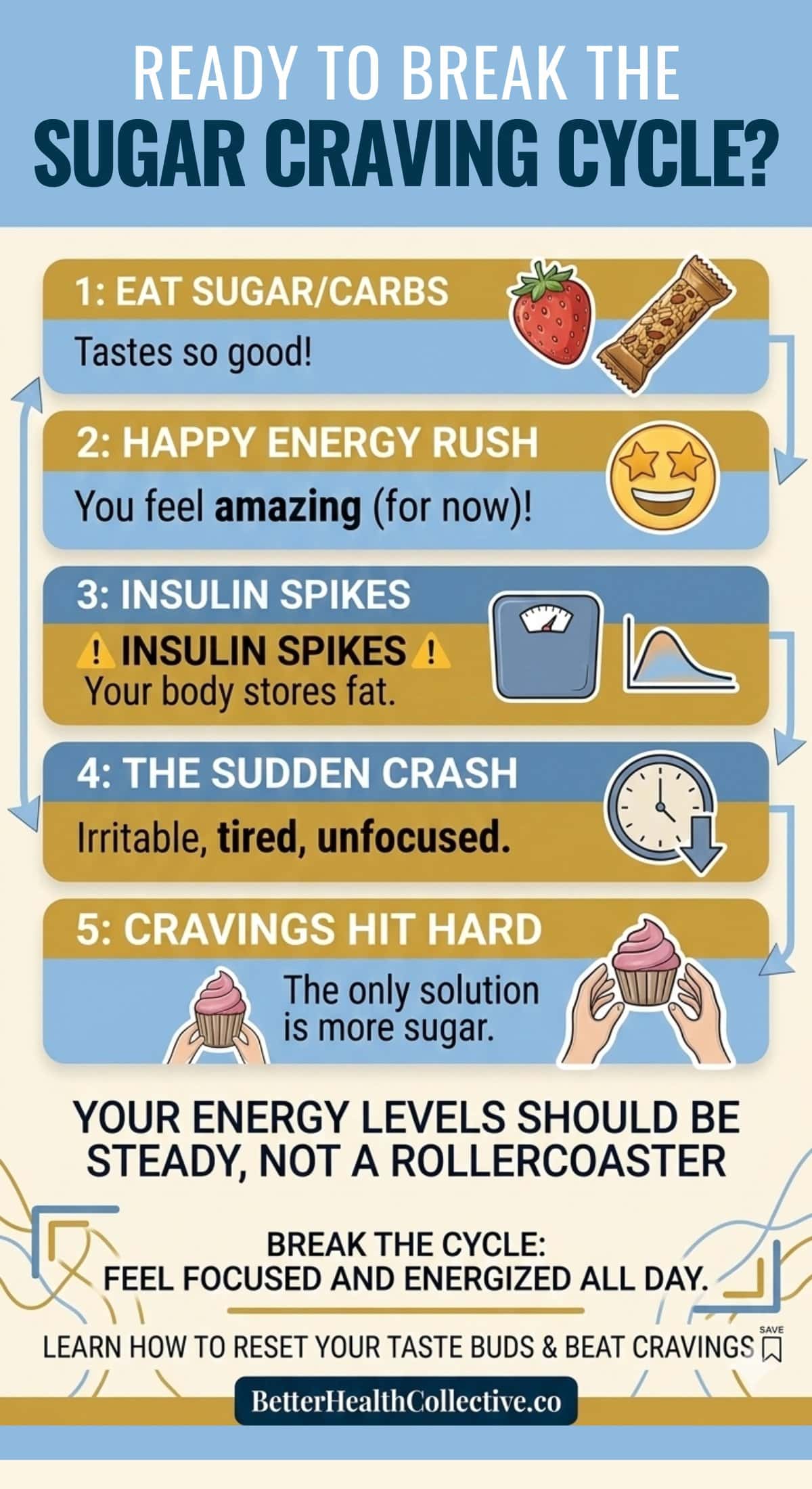 Infographic explaining the sugar craving cycle: Eat dessert or carbs, blood sugar spikes for an energy rush, then crashes, causing irritability and more cravings. Stable energy levels help your body maintain better wellness. Icons and arrows illustrate each step.