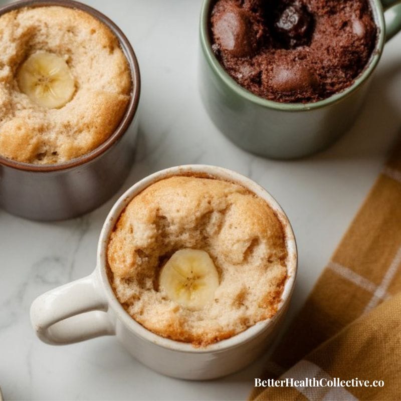 Three mugs with Microwave Mug Cake sit on a marble surface—two banana cakes topped with banana slices, and one chocolate cake. A brown checkered cloth is partially visible. Text reads BetterHealthCollective.co.
