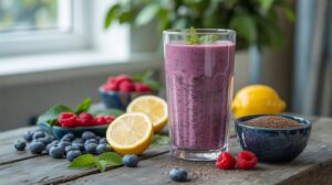 A glass of Berry Lemon Detox Smoothie garnished with mint sits on a wooden table, surrounded by fresh blueberries, raspberries, lemon halves, a whole lemon, and chia seeds. A bowl of berries and a plant are in the background.