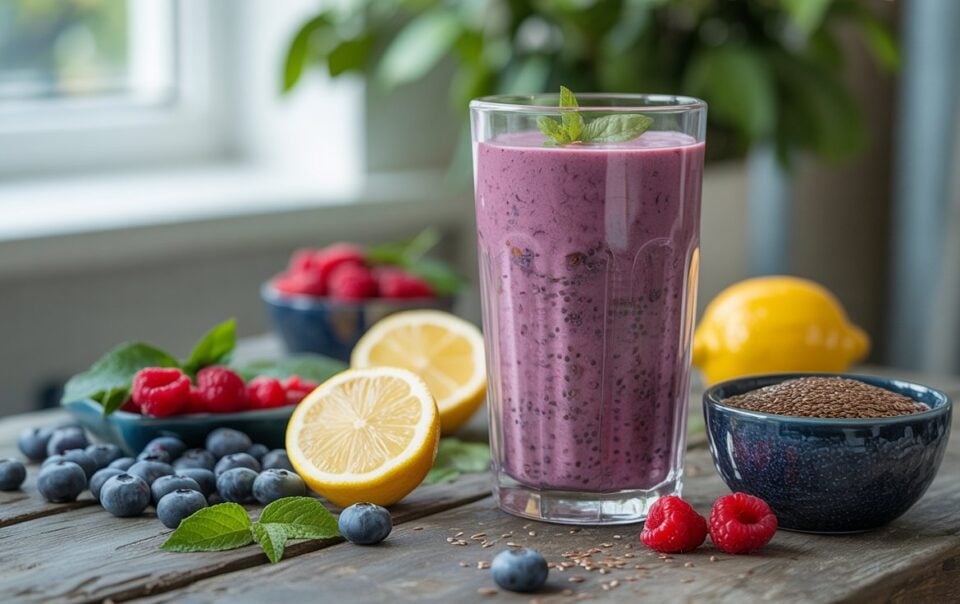 A glass of Berry Lemon Detox Smoothie garnished with mint sits on a wooden table, surrounded by fresh blueberries, raspberries, lemon halves, a whole lemon, and chia seeds. A bowl of berries and a plant are in the background.