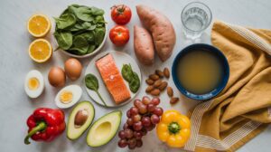 A variety of healthy, skin tightening foods on a marble surface, including salmon, eggs, spinach, sweet potatoes, tomatoes, oranges, avocado, bell peppers, almonds, grapes, a bowl of broth, a glass of water, and a yellow napkin.