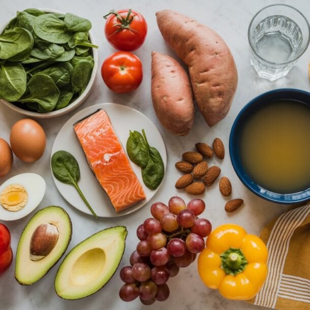 A variety of healthy, skin tightening foods on a marble surface, including salmon, eggs, spinach, sweet potatoes, tomatoes, oranges, avocado, bell peppers, almonds, grapes, a bowl of broth, a glass of water, and a yellow napkin.