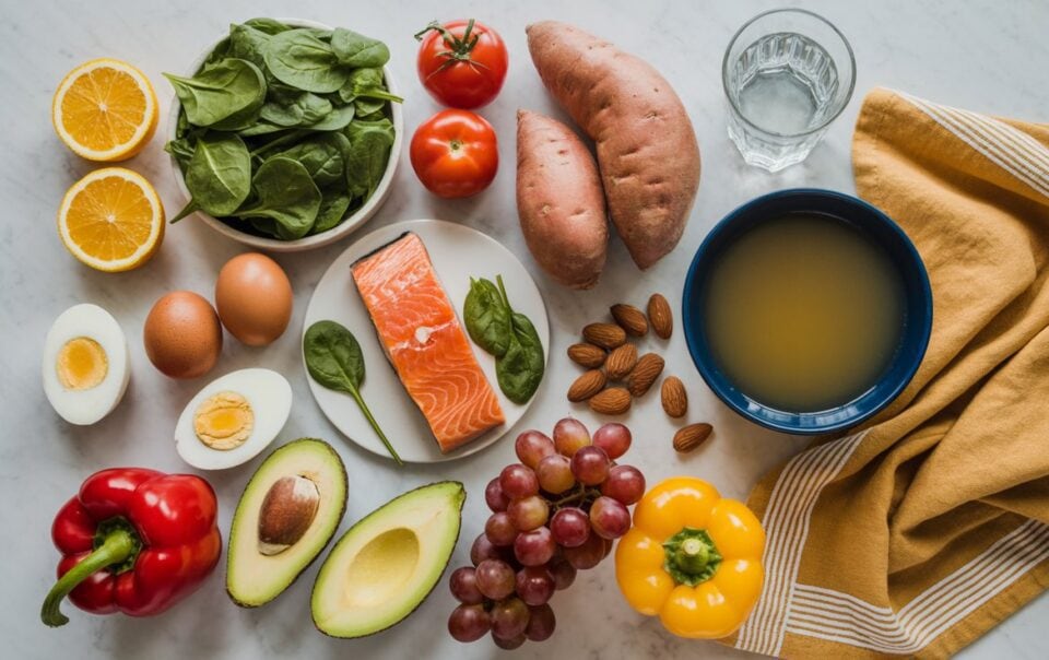 A variety of healthy, skin tightening foods on a marble surface, including salmon, eggs, spinach, sweet potatoes, tomatoes, oranges, avocado, bell peppers, almonds, grapes, a bowl of broth, a glass of water, and a yellow napkin.