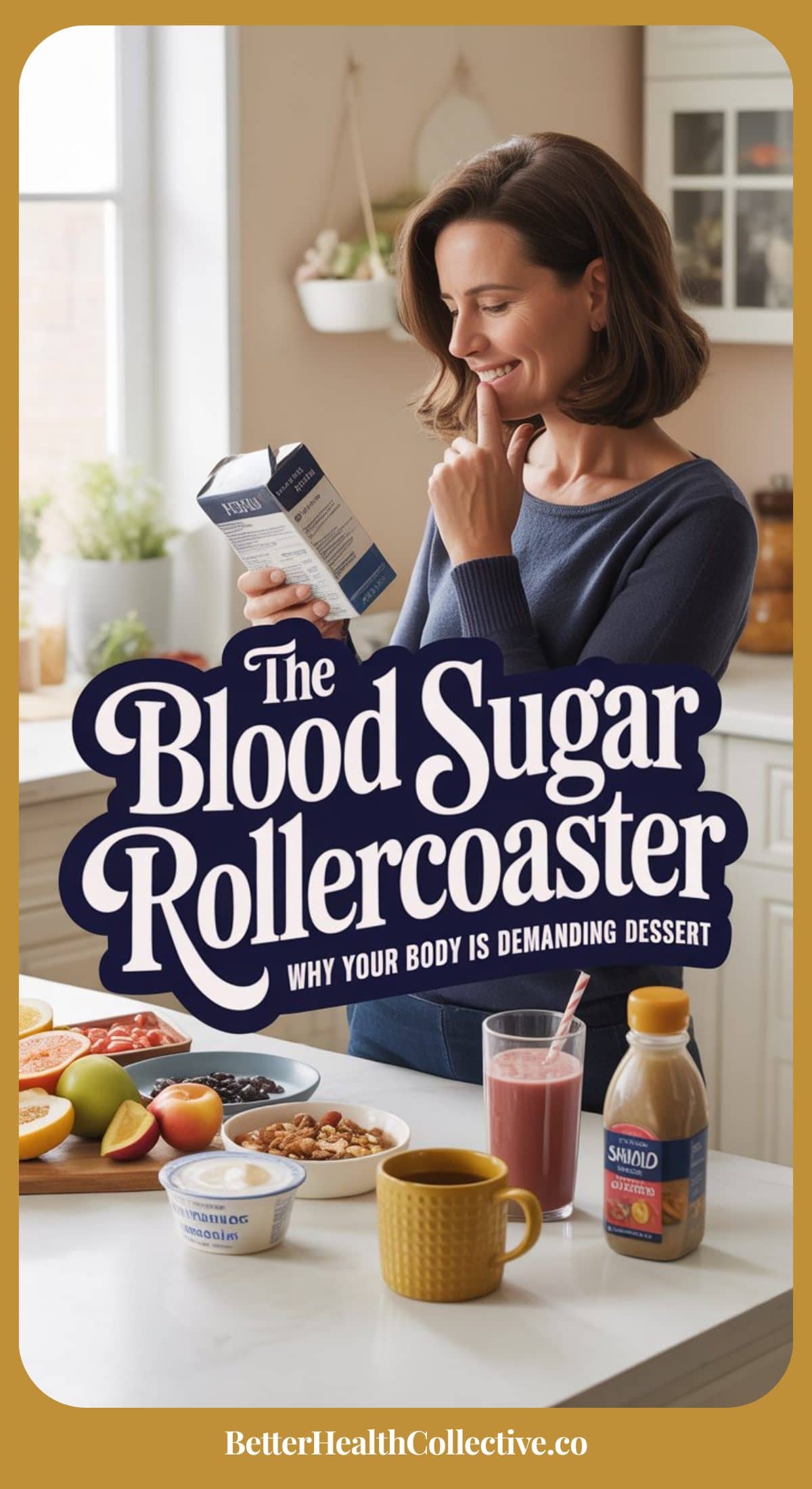 A smiling woman stands in a bright kitchen reading a food label, with fruit, cereal, toast, and juice on the counter. Text reads: The Blood Sugar Rollercoaster: Why Your Body Craves Dessert.