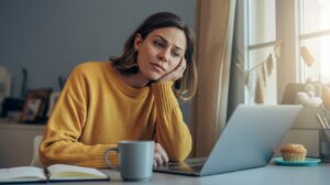A woman in a yellow sweater sits at a table, looking thoughtfully at a laptop. A notebook, mug, and muffin—possibly chosen to curb afternoon food cravings—are on the table as sunlight comes through a nearby window.