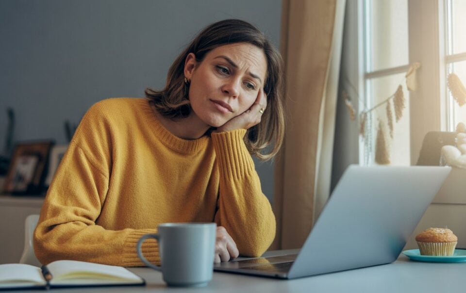 A woman in a yellow sweater sits at a table, looking thoughtfully at a laptop. A notebook, mug, and muffin—possibly chosen to curb afternoon food cravings—are on the table as sunlight comes through a nearby window.