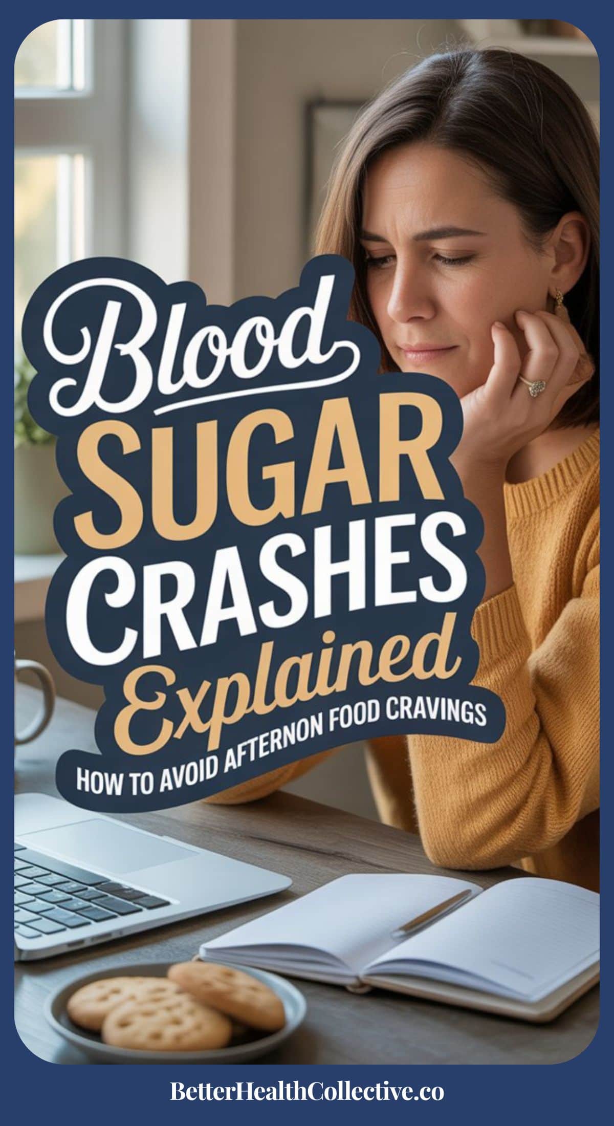A woman in a mustard sweater sits at a table with a notebook, pen, and laptop, appearing thoughtful. Overlay text reads: Blood Sugar Crashes Explained—How to Prevent Afternoon Food Cravings.