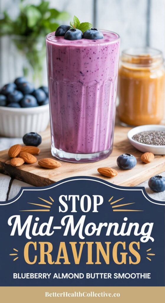 A protein fiber smoothie, this blueberry almond butter blend in a glass is topped with blueberries and mint, sitting on a tray with almonds, chia seeds, blueberries, and almond butter. Text reads: Stop Mid-Morning Cravings: Blueberry Almond Butter Smoothie.