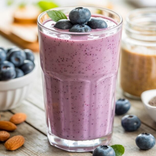 A glass of blueberry smoothie topped with fresh blueberries and a mint leaf, surrounded by almonds, chia seeds, a jar of nut butter, and a bowl of blueberries on a wooden surface—an ideal fiber protein smoothie.